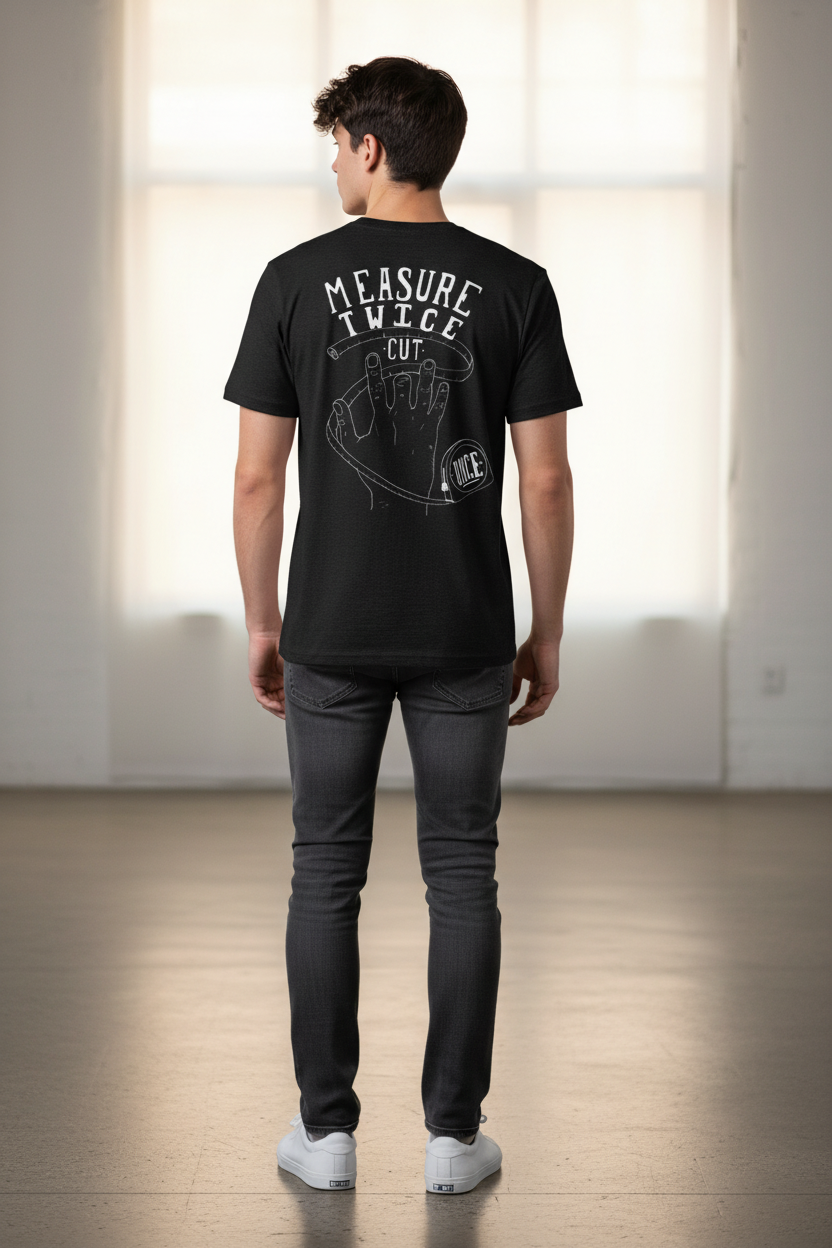 'Measure Twice Cut Once' Black Organic T-Shirt